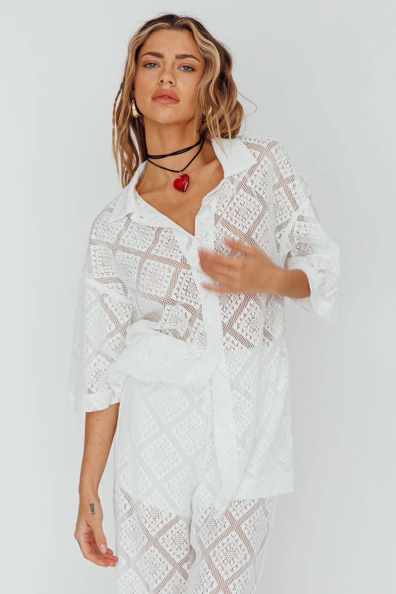 Abraya Lace Button-Up Shirt White