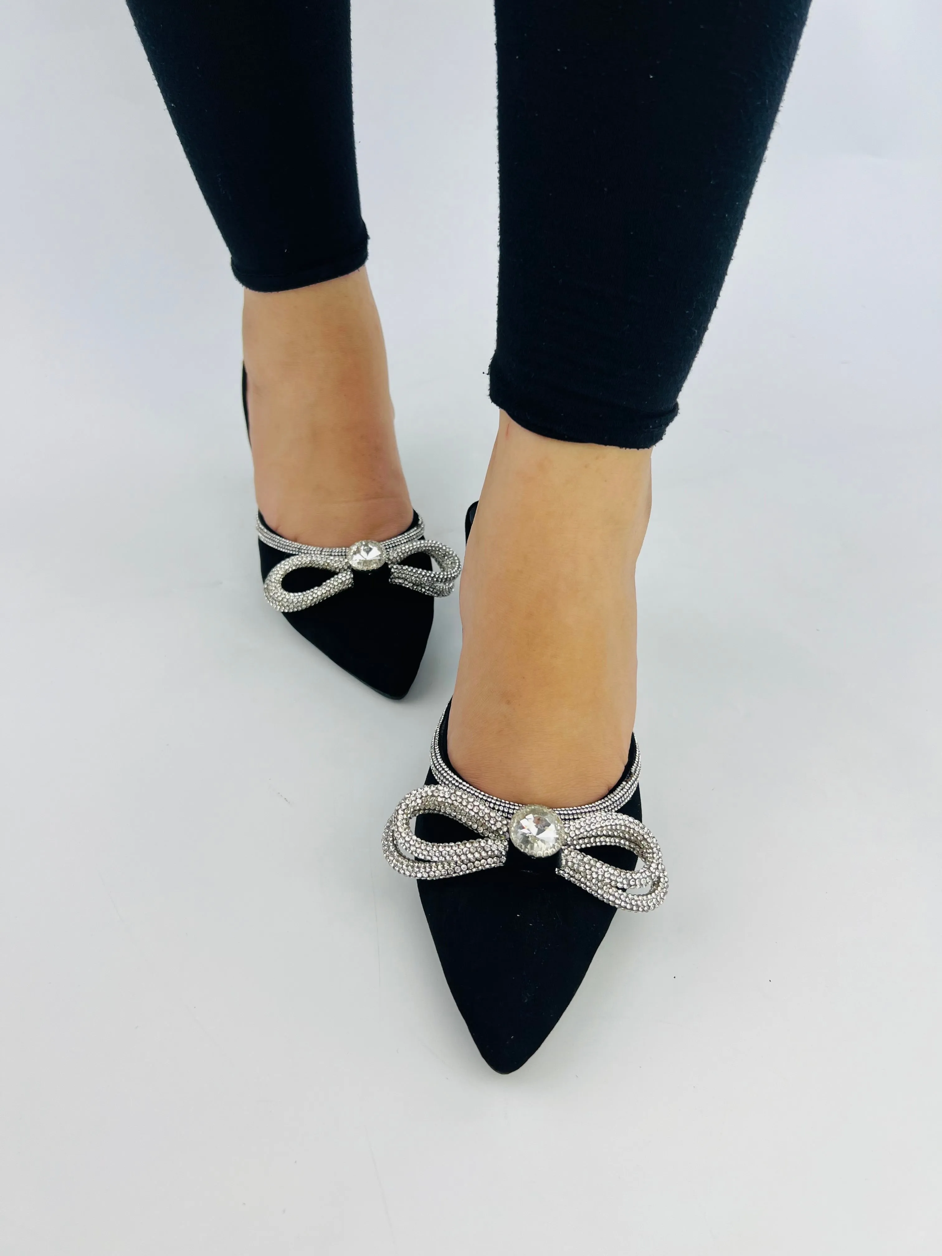 Alana Black Double Bowknot Diamond Bowtie Kitten Heel