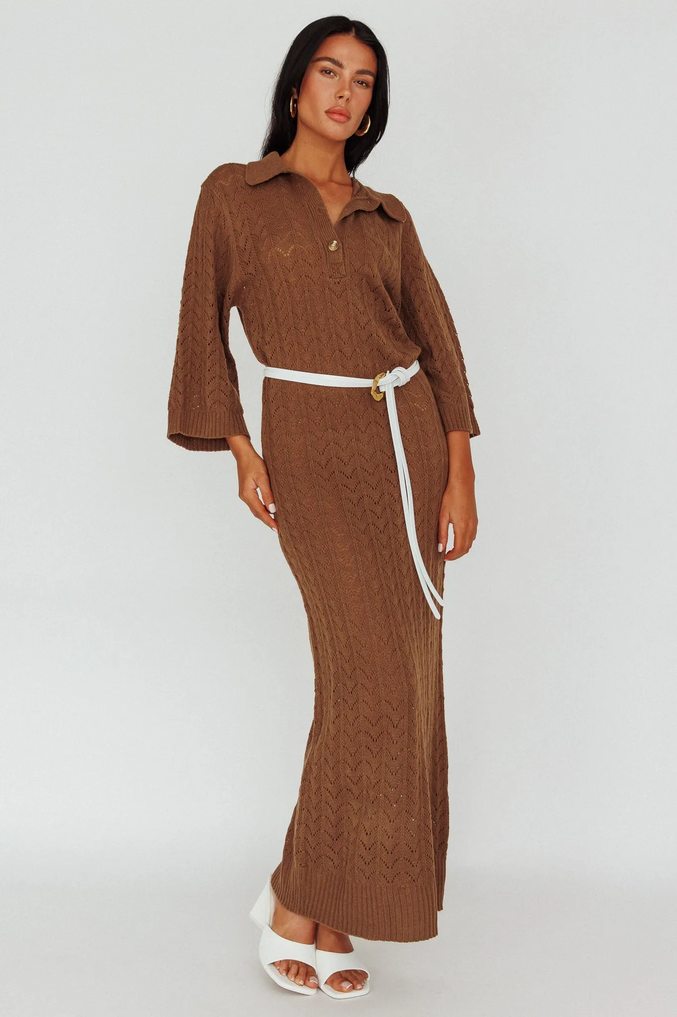 Alouette 3/4 Sleeve Crochet Midi Dress Cocoa