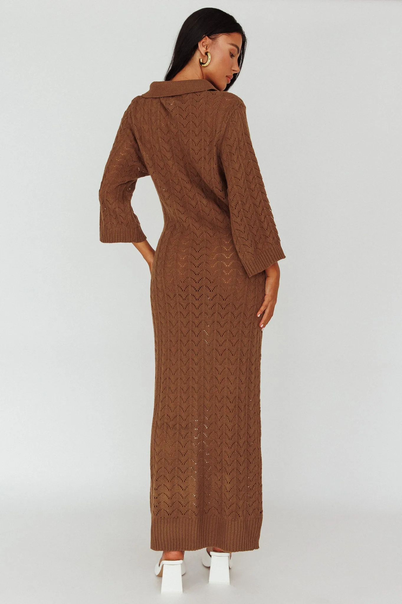 Alouette 3/4 Sleeve Crochet Midi Dress Cocoa