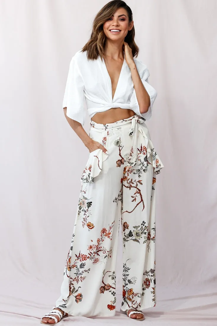 Amanda Wide-Leg Frill Detail Pants Floral Print Beige