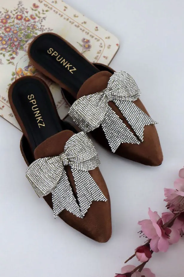 Annabel Chocolate Brown Crystal mesh bow Velvet Mules