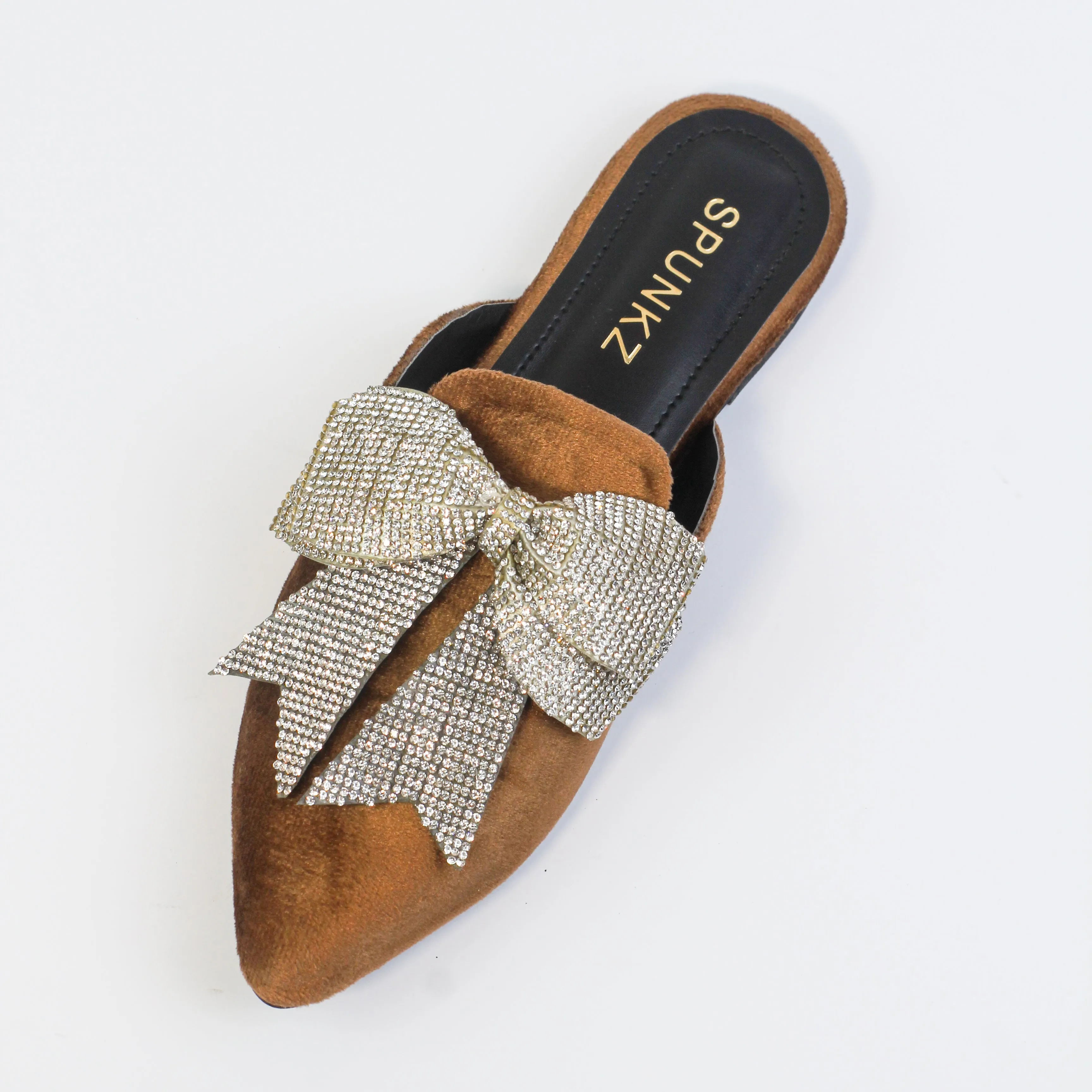 Annabel Chocolate Brown Crystal mesh bow Velvet Mules