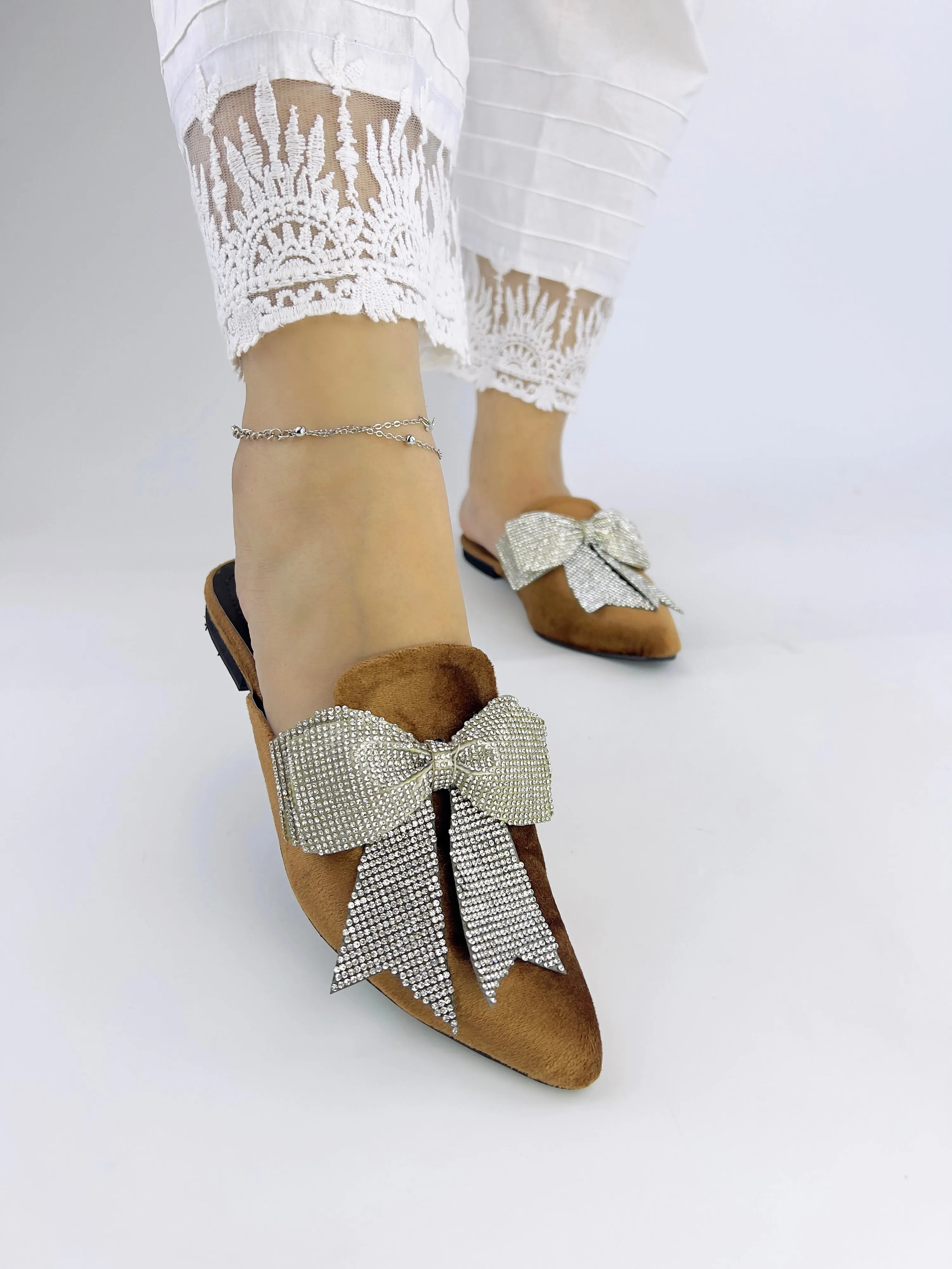 Annabel Chocolate Brown Crystal mesh bow Velvet Mules