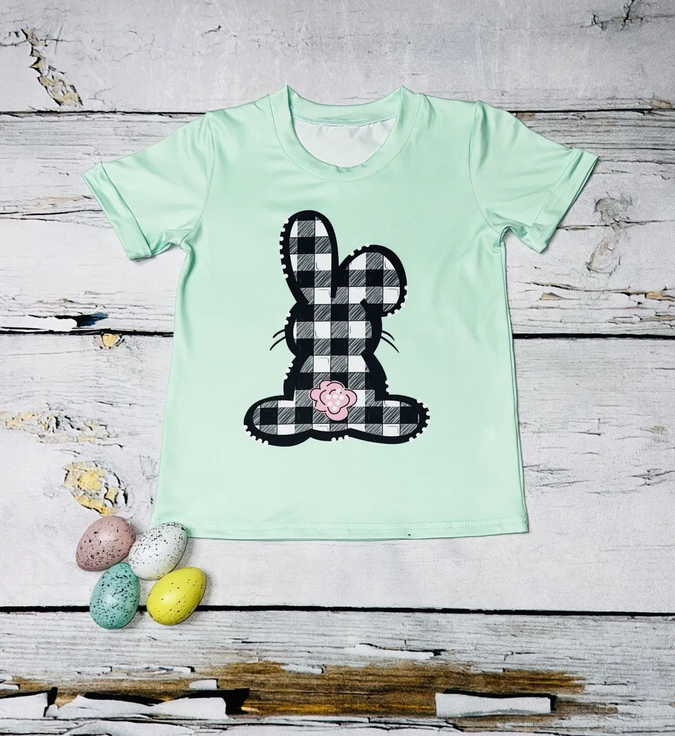 Aqua checkers bunny short sleeve t-shirt DLH1215-32