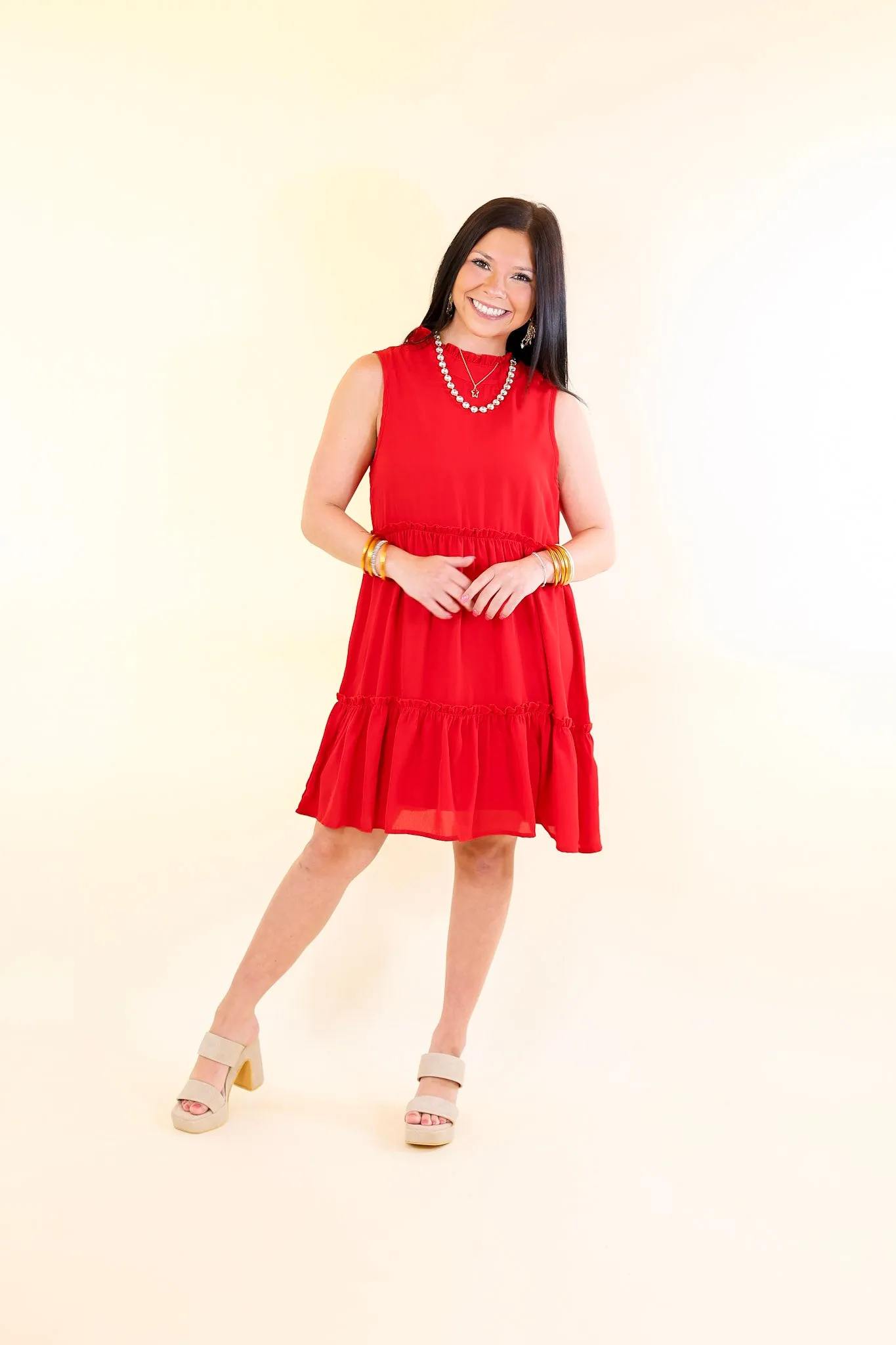 Attempt To Charm High Ruffle Neck Tank Tunic Dress in Red