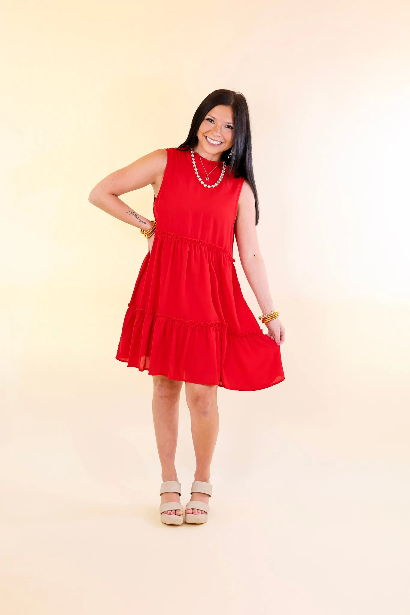 Attempt To Charm High Ruffle Neck Tank Tunic Dress in Red