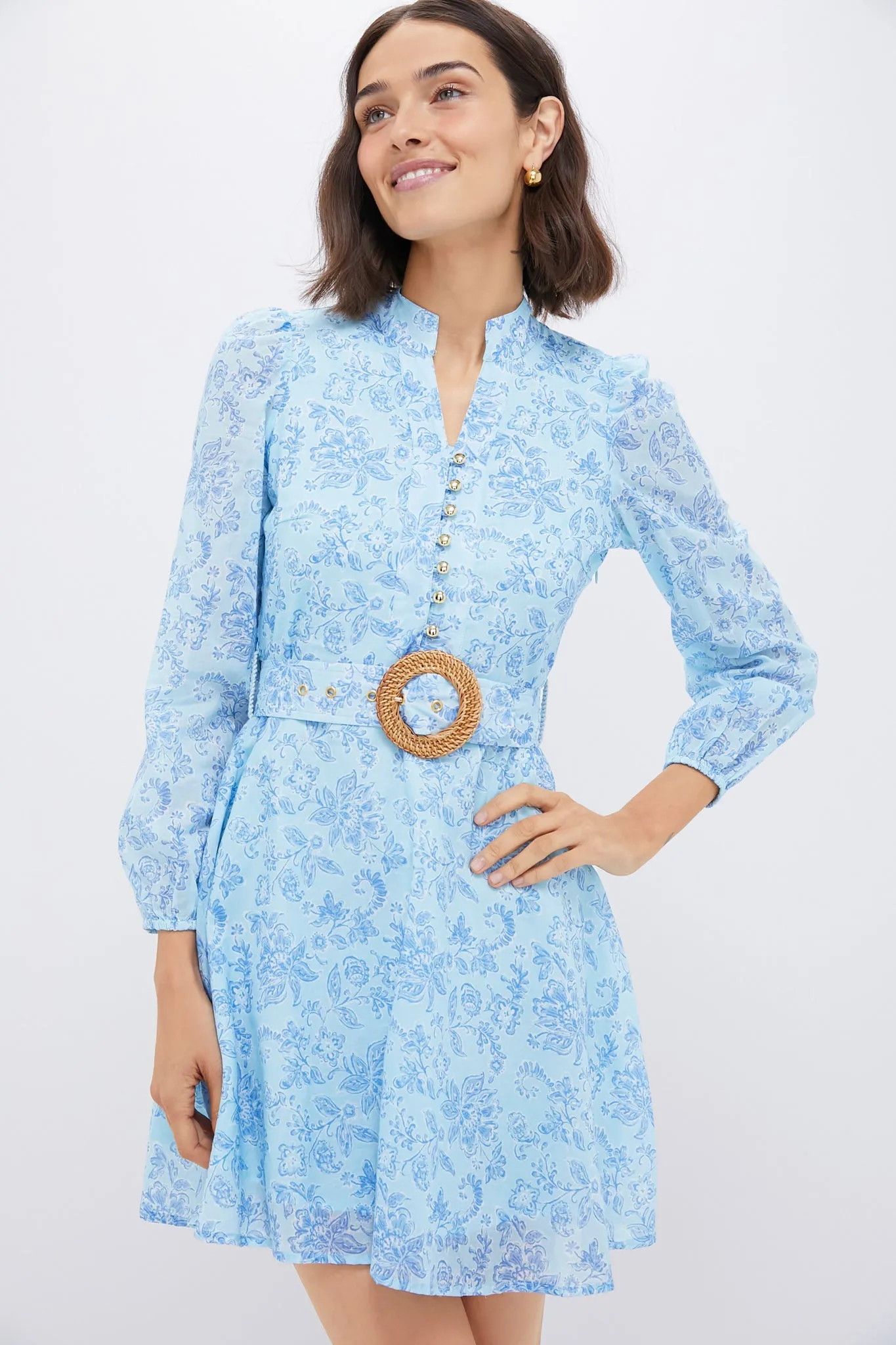 Baroque Floral Belted Long Sleeve Flare Tunic