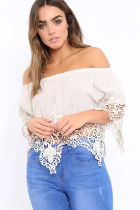 Beige Bardot Crochet Top - Liv