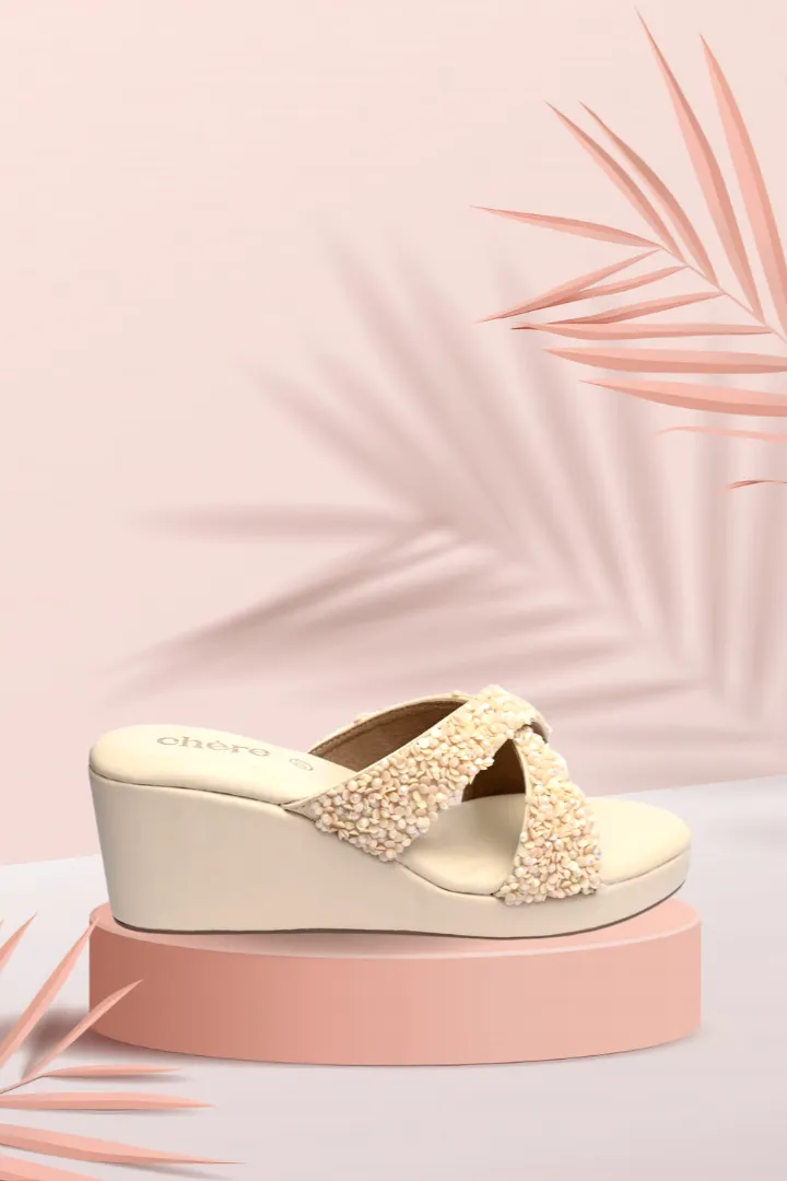 Beige Embellished Wedges for Women