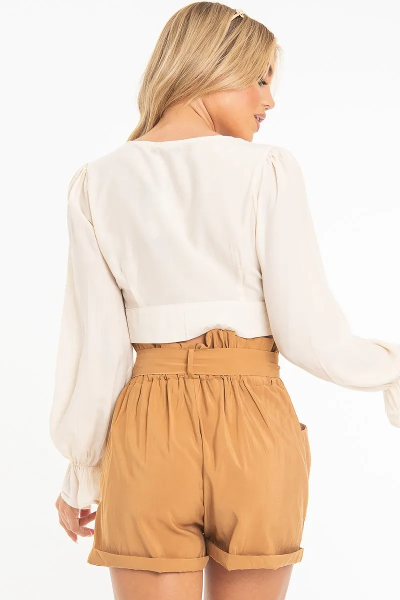 Beige Woven Plunge Button Front Crop Blouse - Katerina