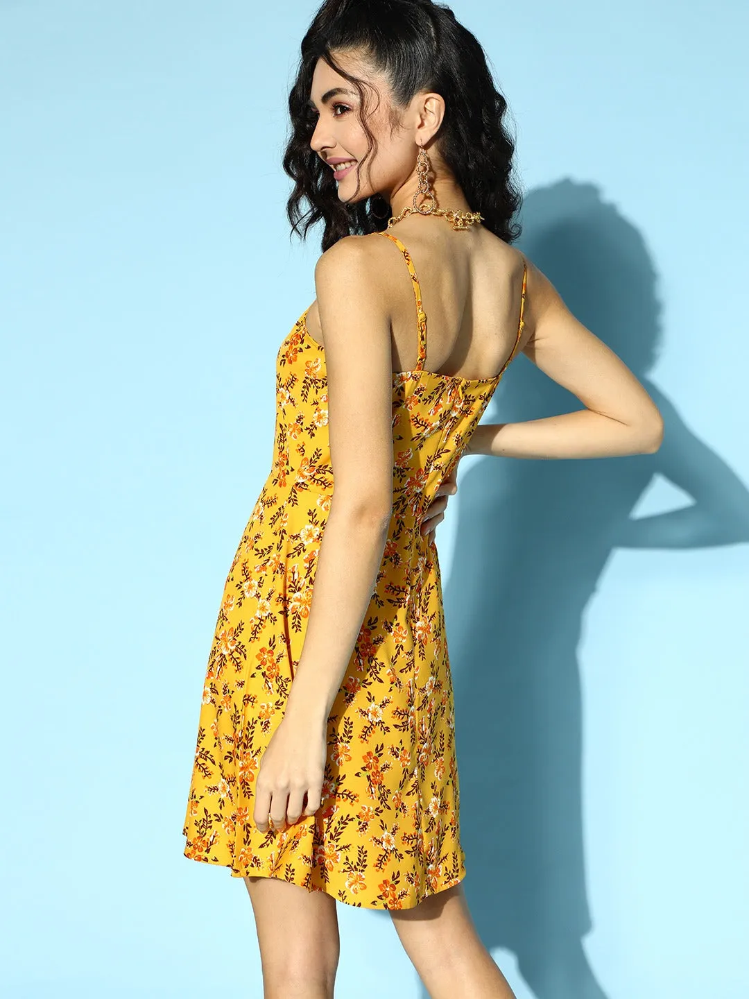 Berrylush Women Yellow & Maroon Floral Printed Square Neck Crepe Flared A-Line Mini Dress