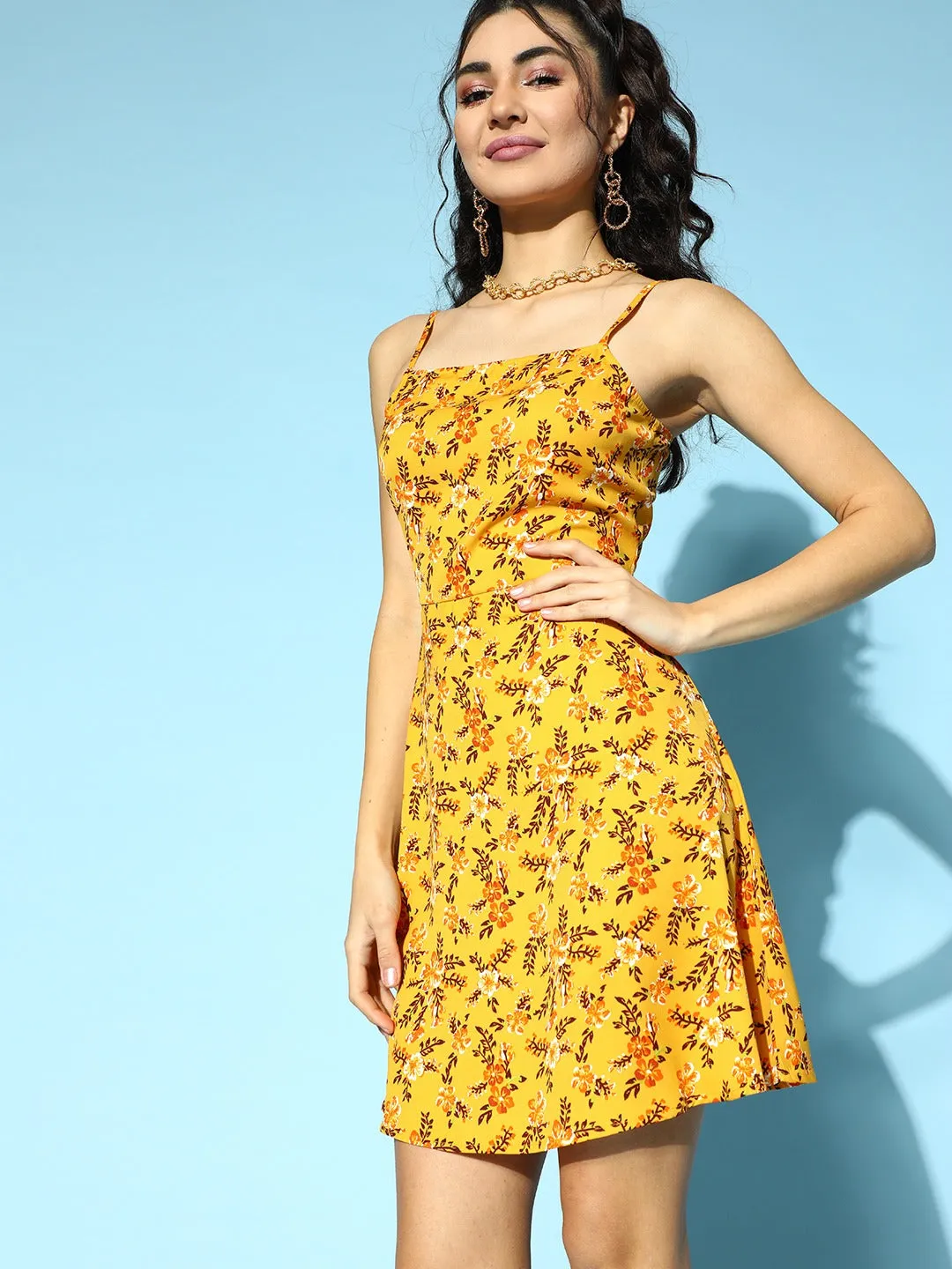 Berrylush Women Yellow & Maroon Floral Printed Square Neck Crepe Flared A-Line Mini Dress