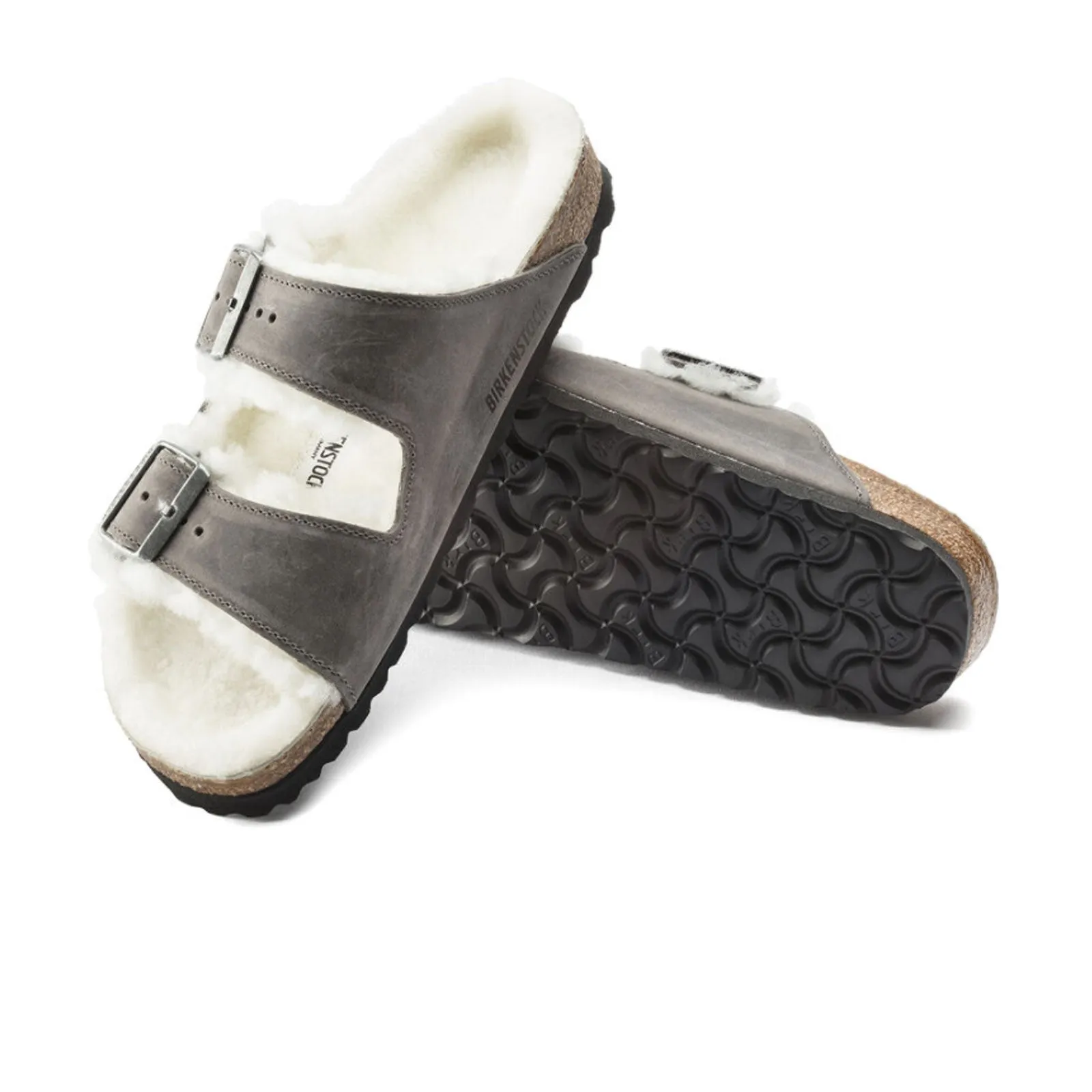 Birkenstock Arizona Slide Sandal (Women) - Iron Nubuck/Natural Shearling