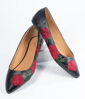 Black & Red Embroidered Florals Leatherette Flats