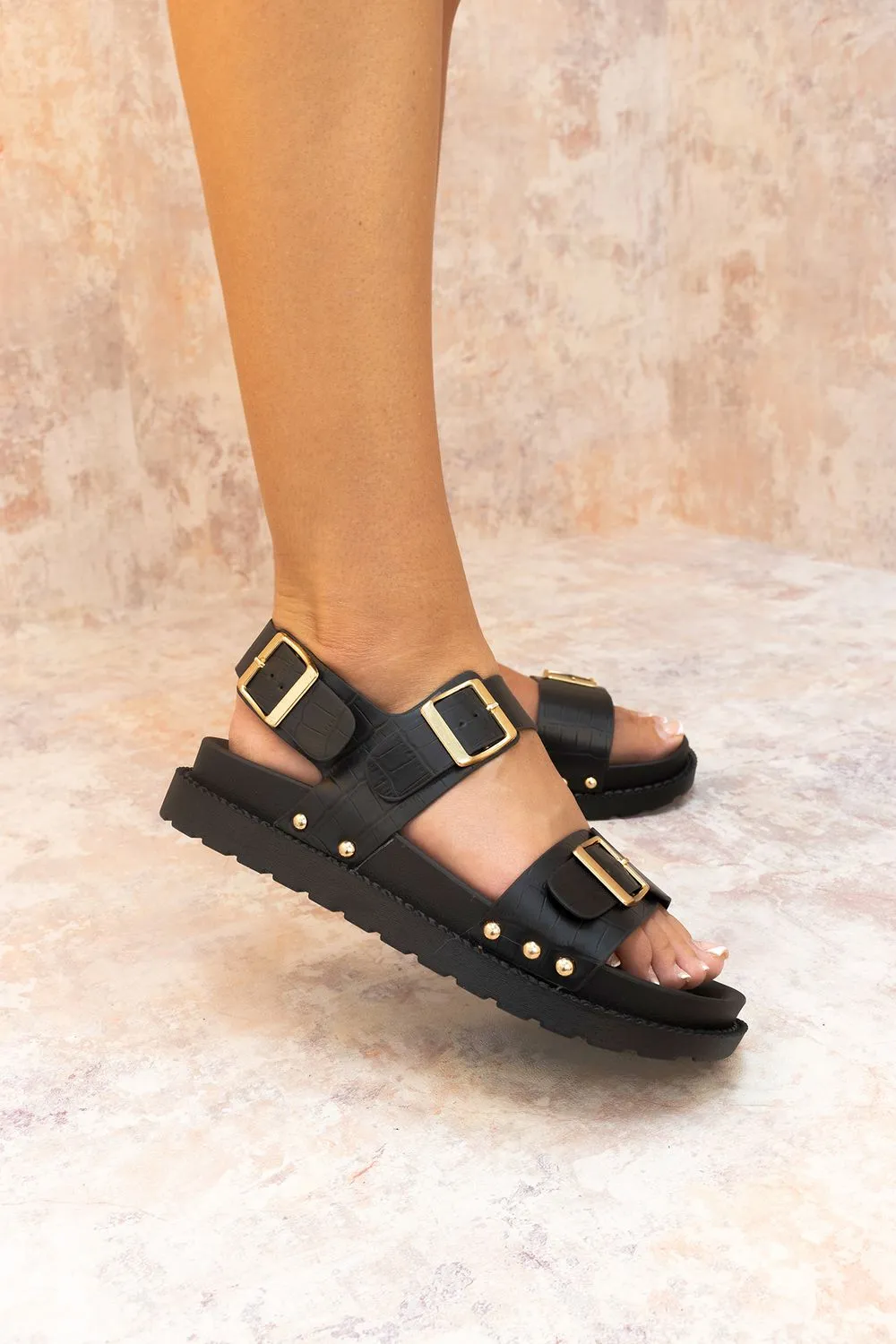 Black Croc Faux Leather Buckle Sandal