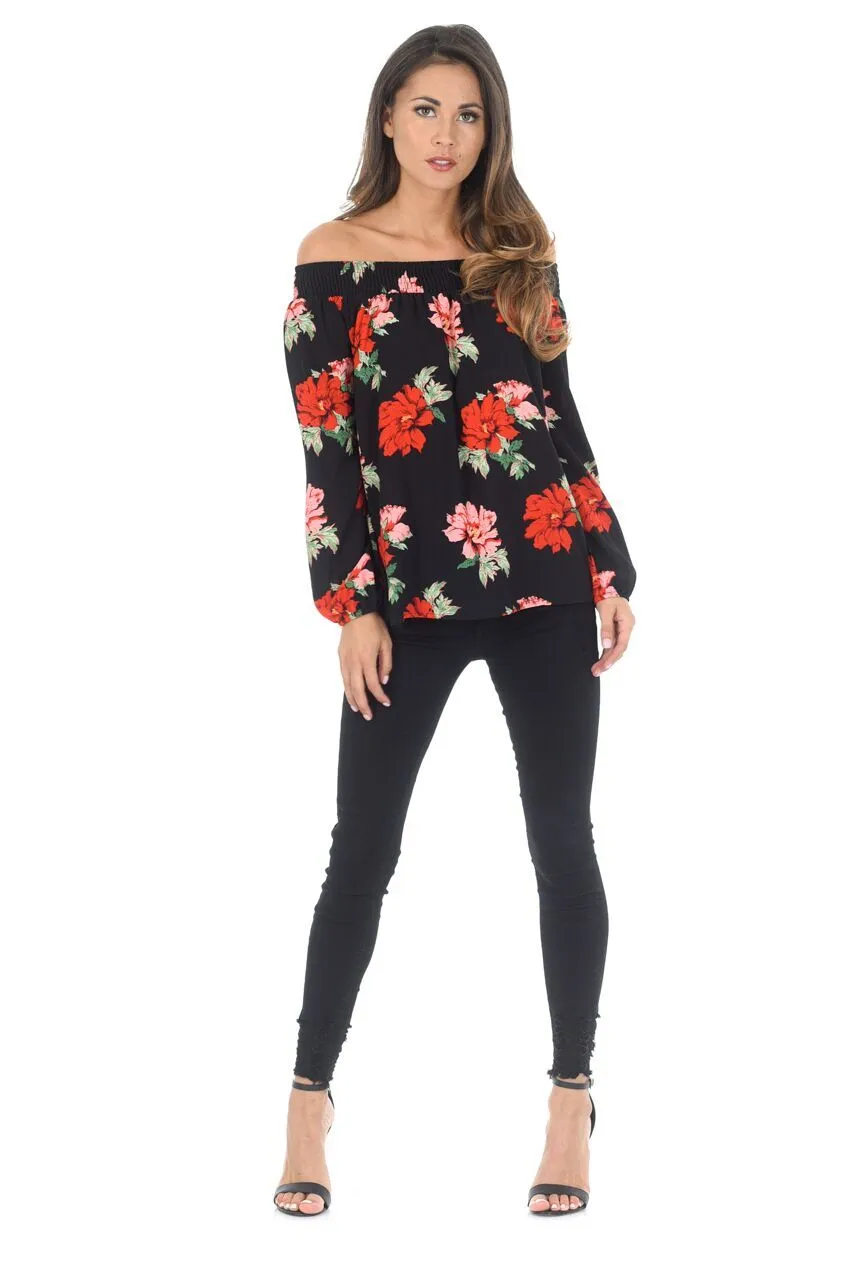 Black Floral Bardot Top