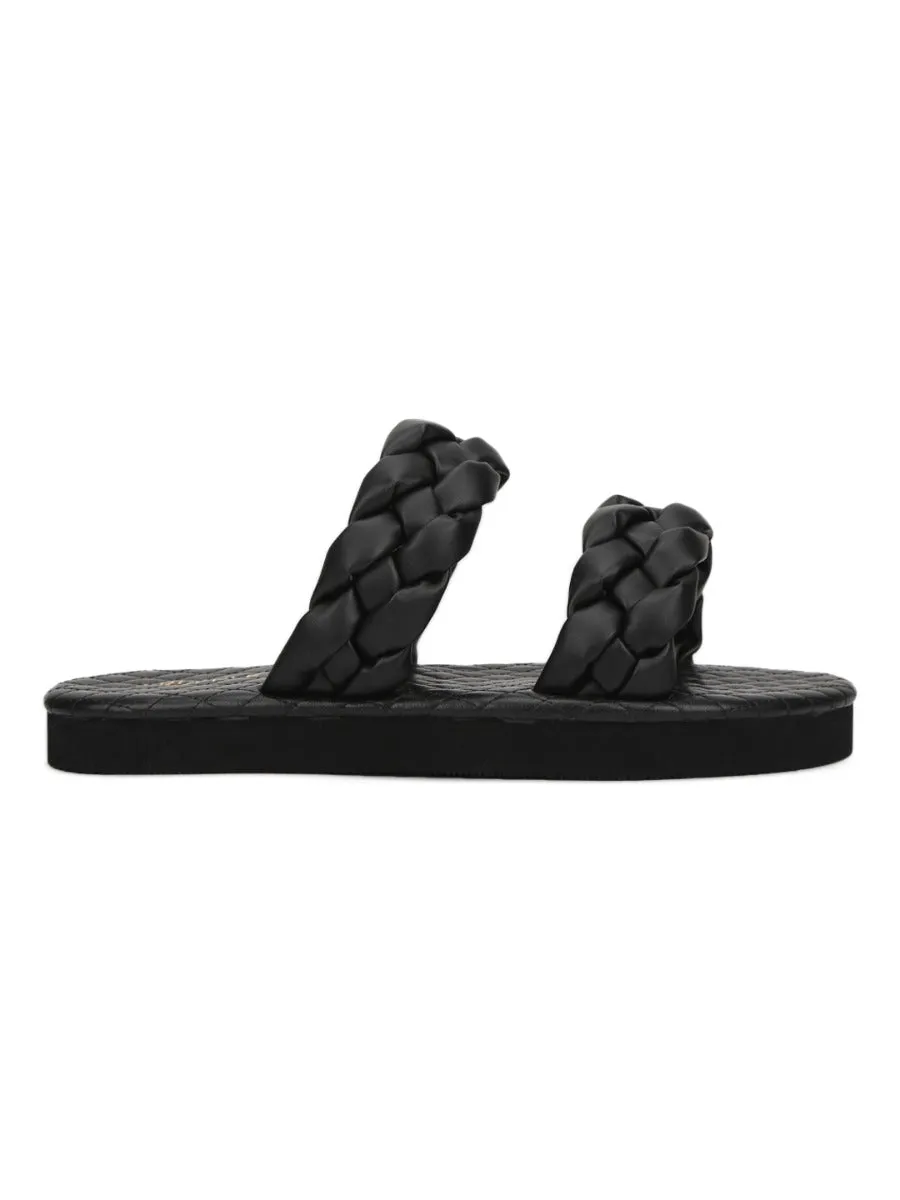 Black PU Braided Strap Slides