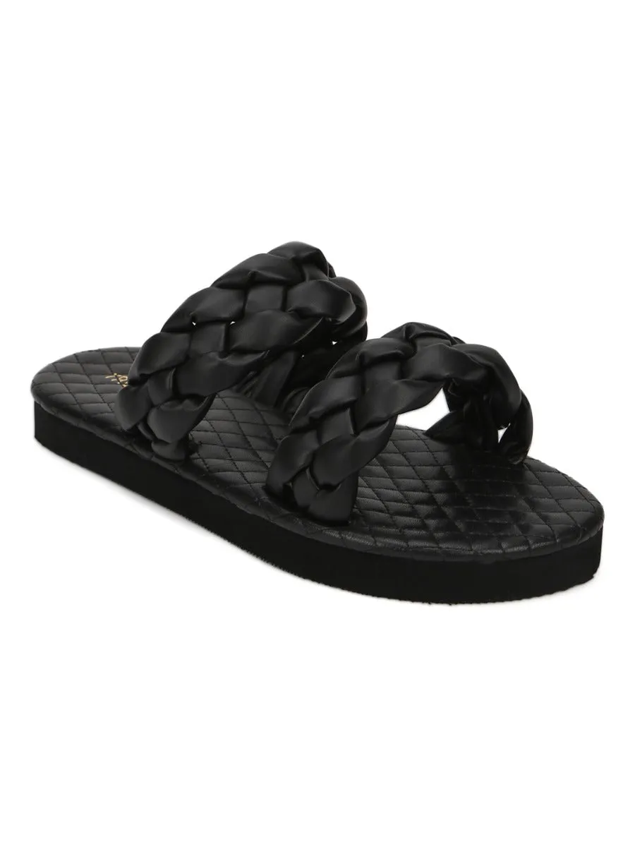 Black PU Braided Strap Slides