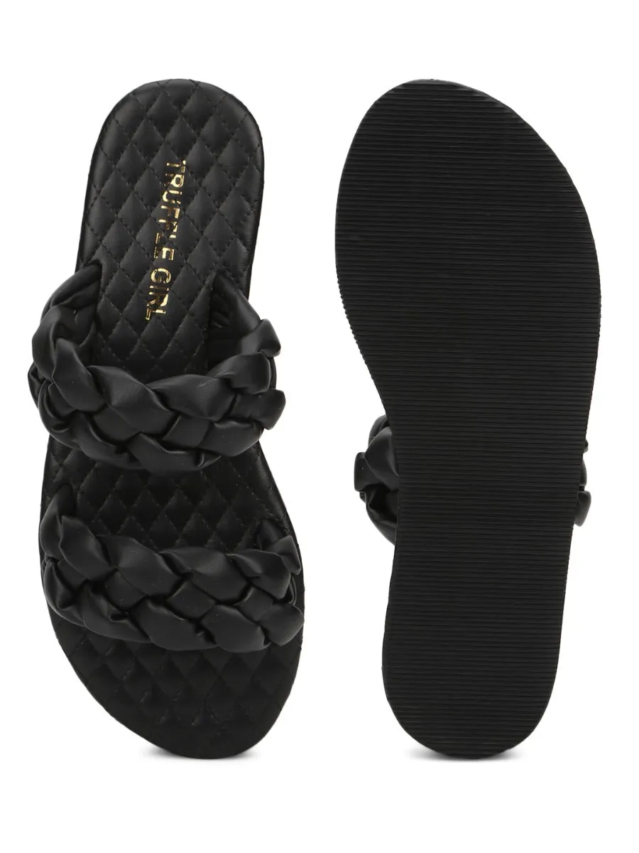 Black PU Braided Strap Slides