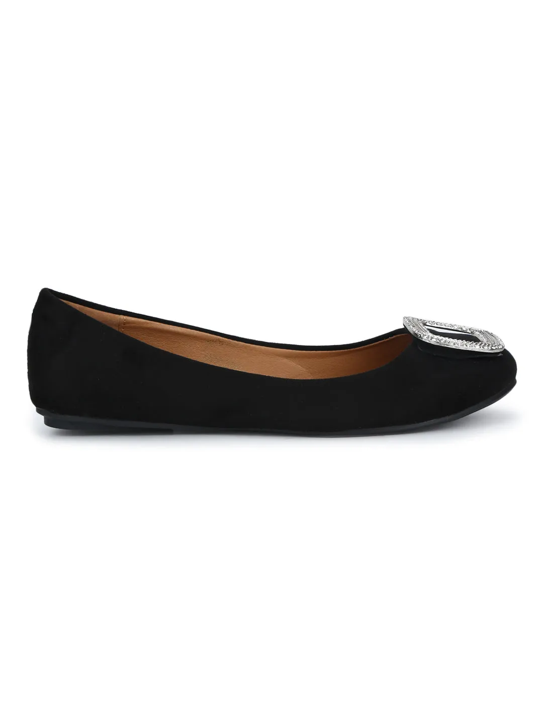 Black PU Brooch Belly Flats