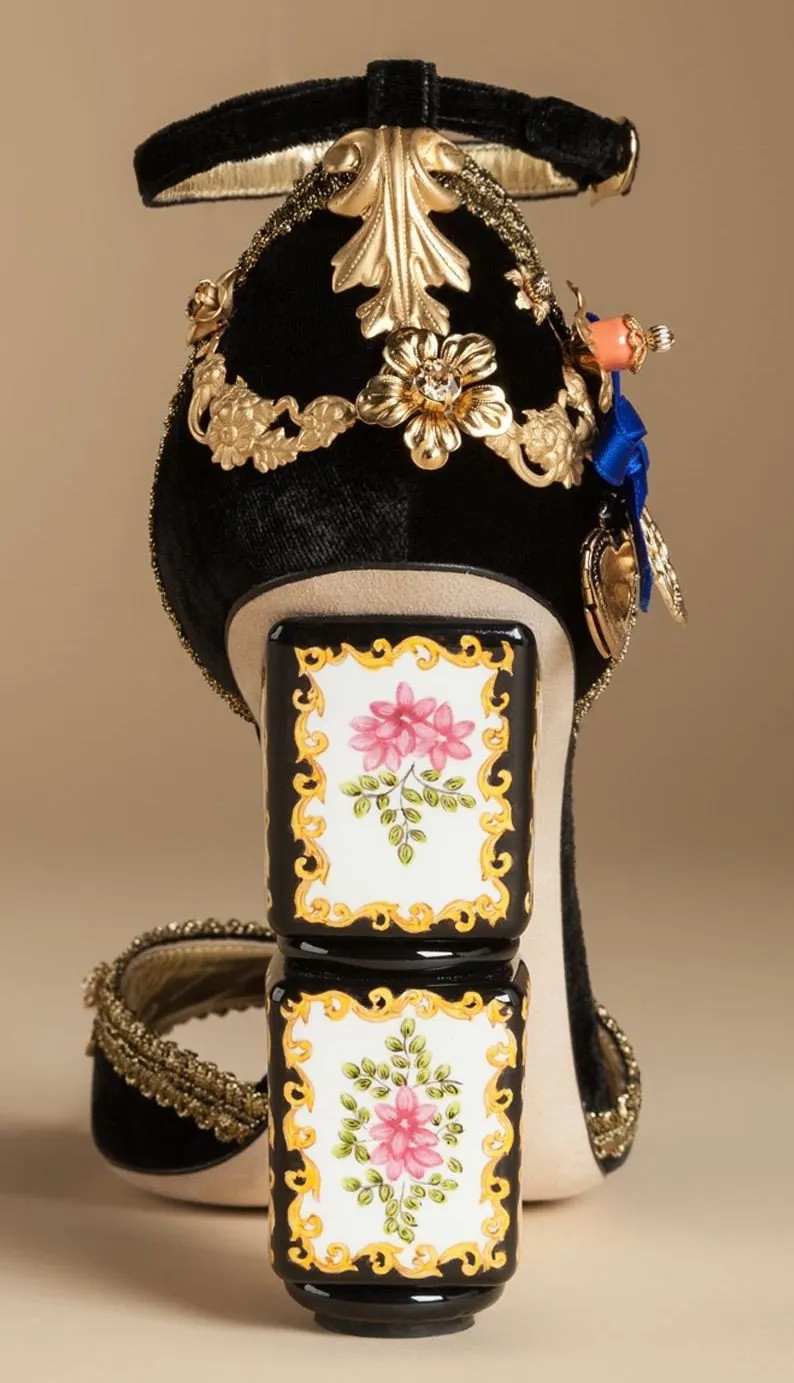 Black Velvet Sandal with Sculptural Heel & Embroidery