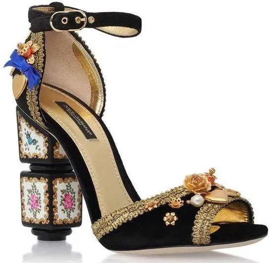 Black Velvet Sandal with Sculptural Heel & Embroidery