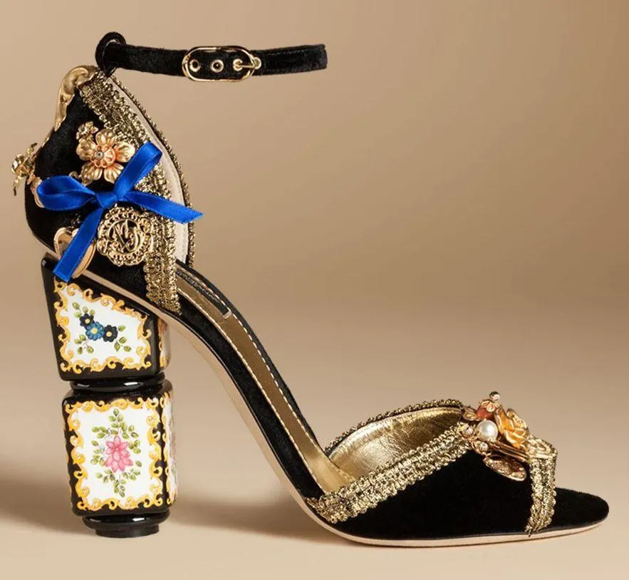 Black Velvet Sandal with Sculptural Heel & Embroidery