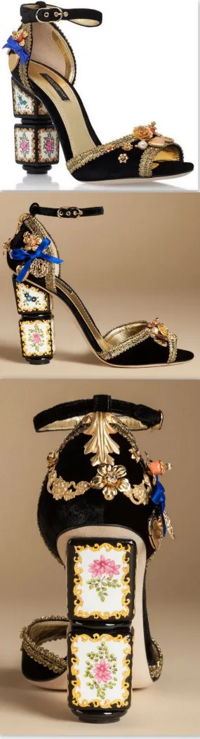 Black Velvet Sandal with Sculptural Heel & Embroidery