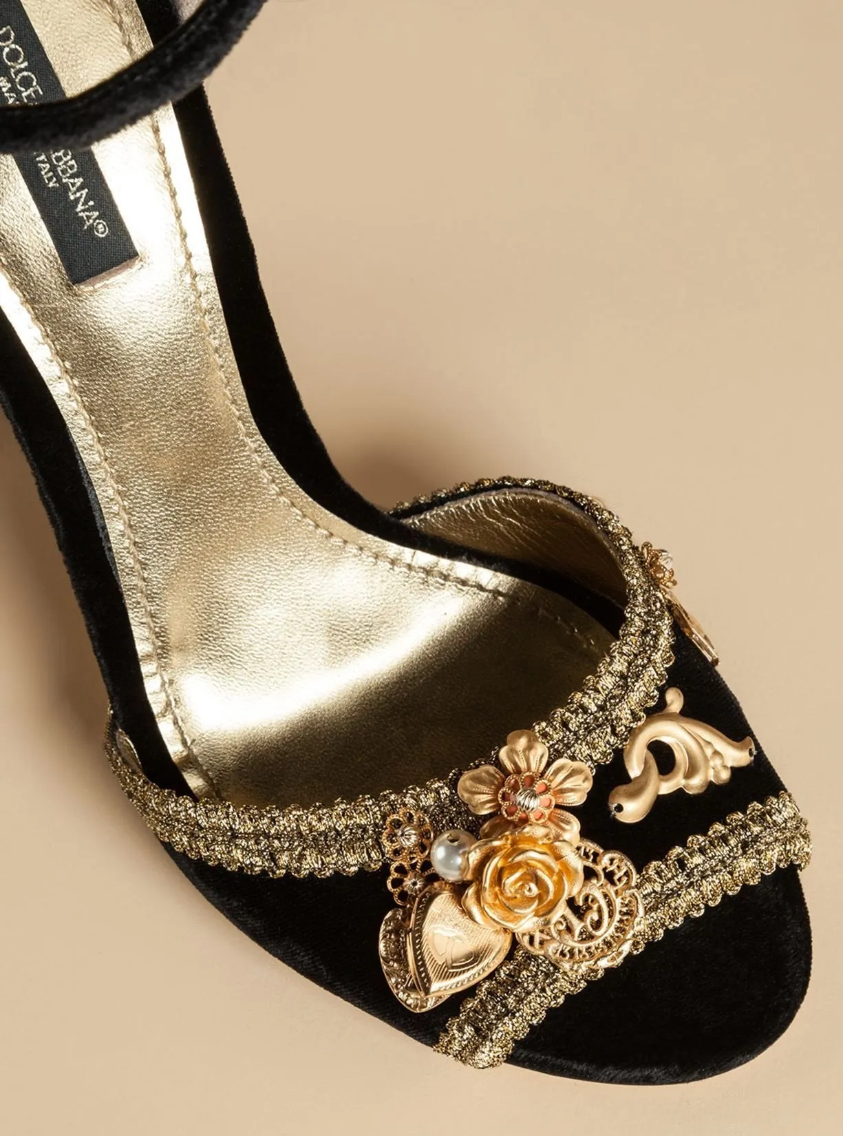 Black Velvet Sandal with Sculptural Heel & Embroidery