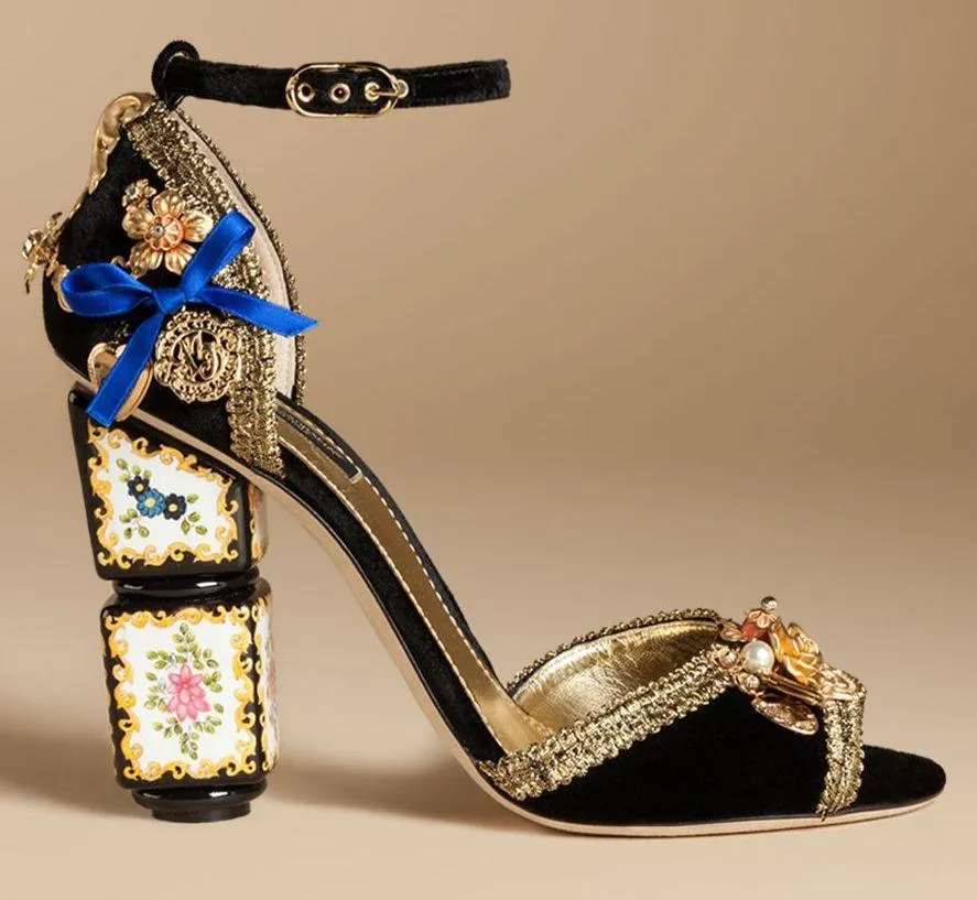 Black Velvet Sandal with Sculptural Heel & Embroidery