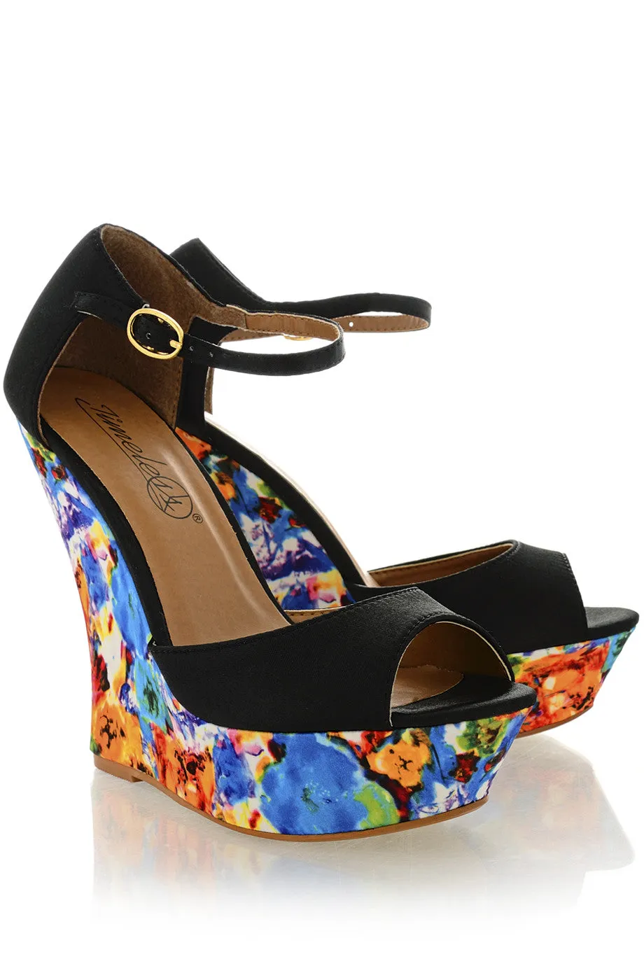 BLOSSOMS Black Ankle Strap Wedges