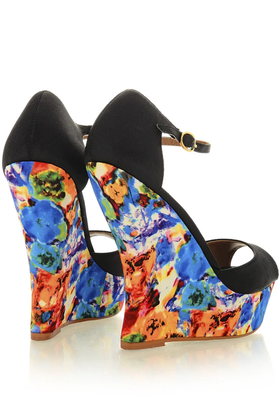 BLOSSOMS Black Ankle Strap Wedges