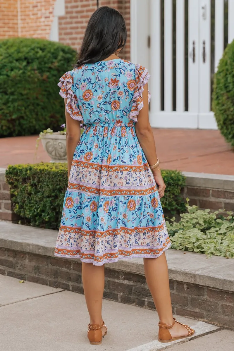 Blue Multi Border Print Pleated Midi Dress - FINAL SALE