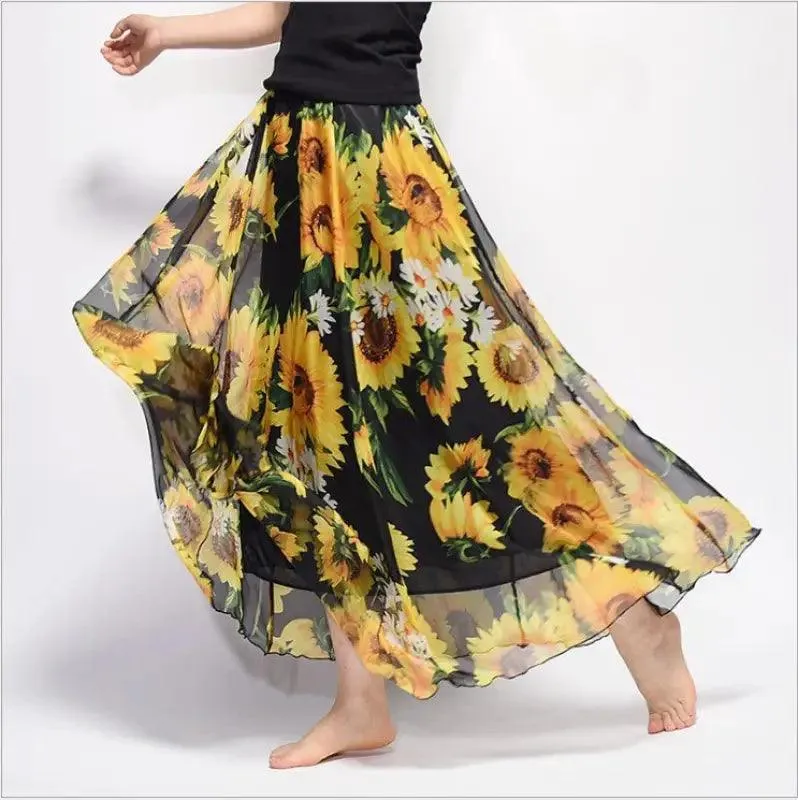 Bohemian Printed Chiffon Mid-length Skirt, Floral Skirt, A-line Skirt, Large Swing Female Skirt, Beach Long Skirt