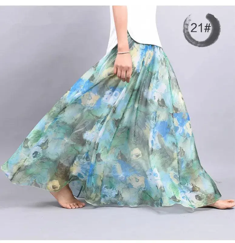 Bohemian Printed Chiffon Mid-length Skirt, Floral Skirt, A-line Skirt, Large Swing Female Skirt, Beach Long Skirt