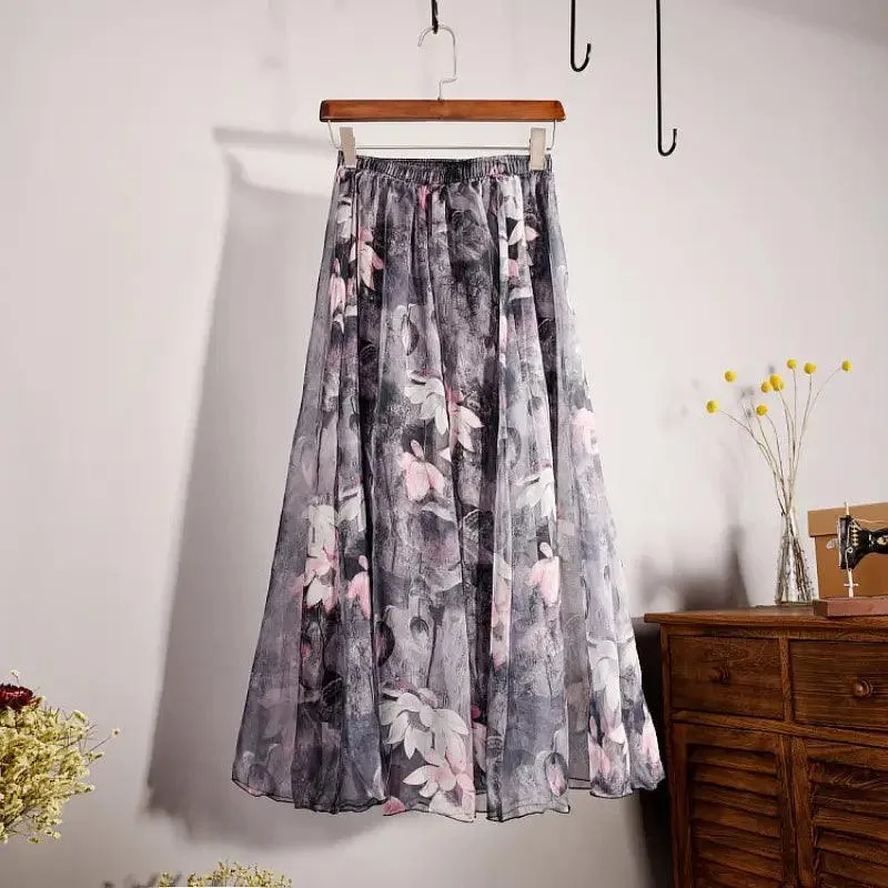 Bohemian Printed Chiffon Mid-length Skirt, Floral Skirt, A-line Skirt, Large Swing Female Skirt, Beach Long Skirt