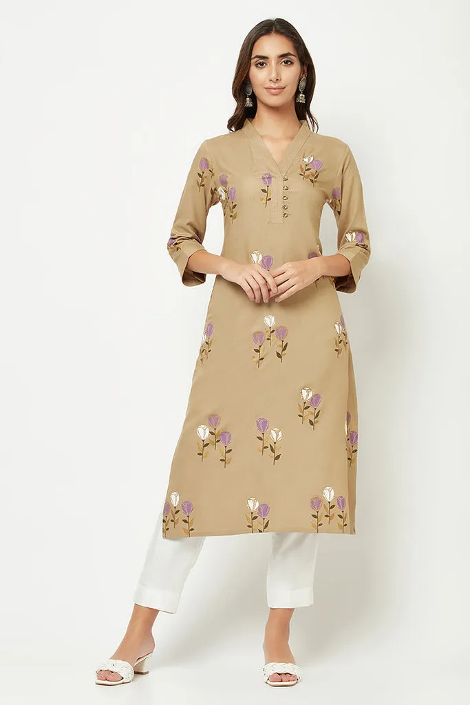 Brown Floral Printed Kurta