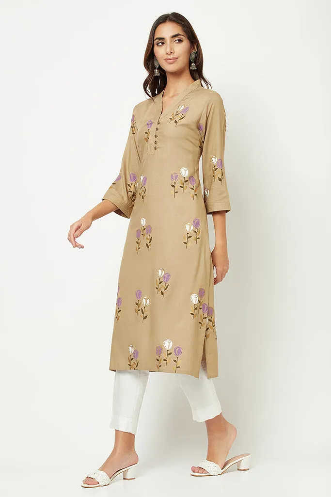 Brown Floral Printed Kurta