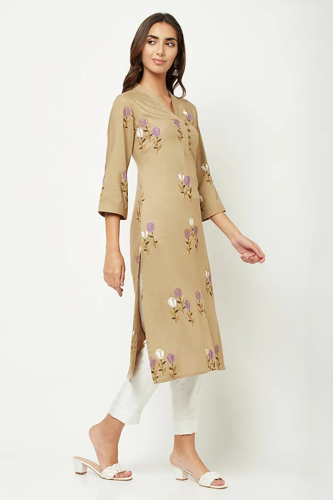 Brown Floral Printed Kurta