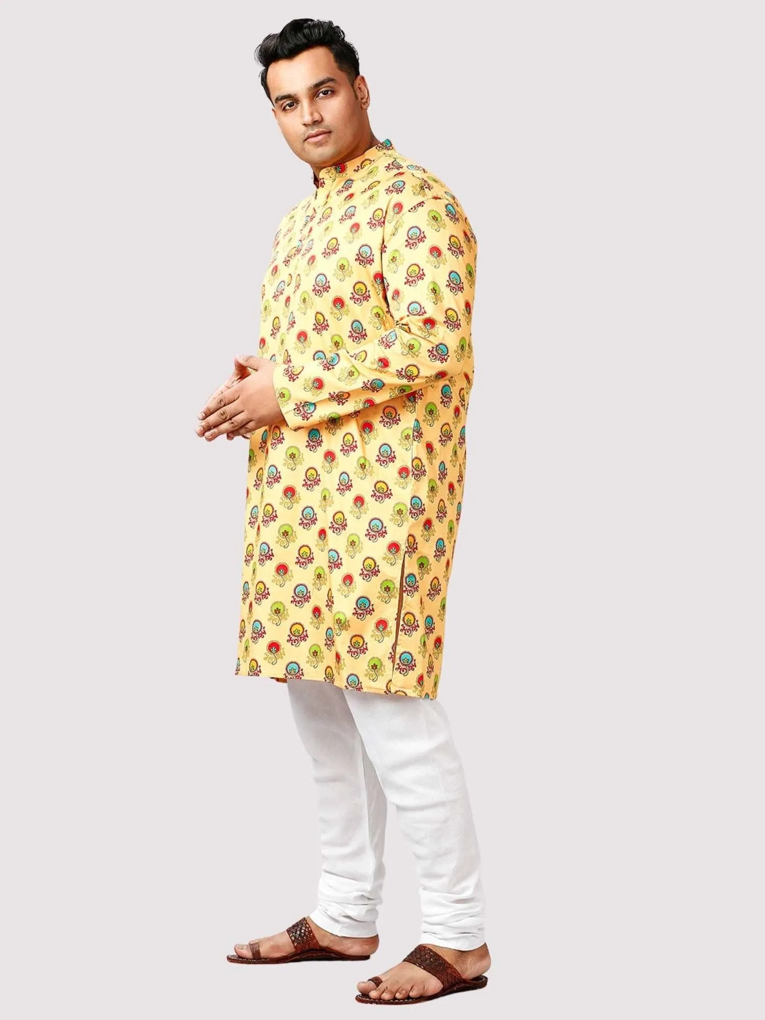 Chamak Printed Yellow White Kurta Men's Plus Size