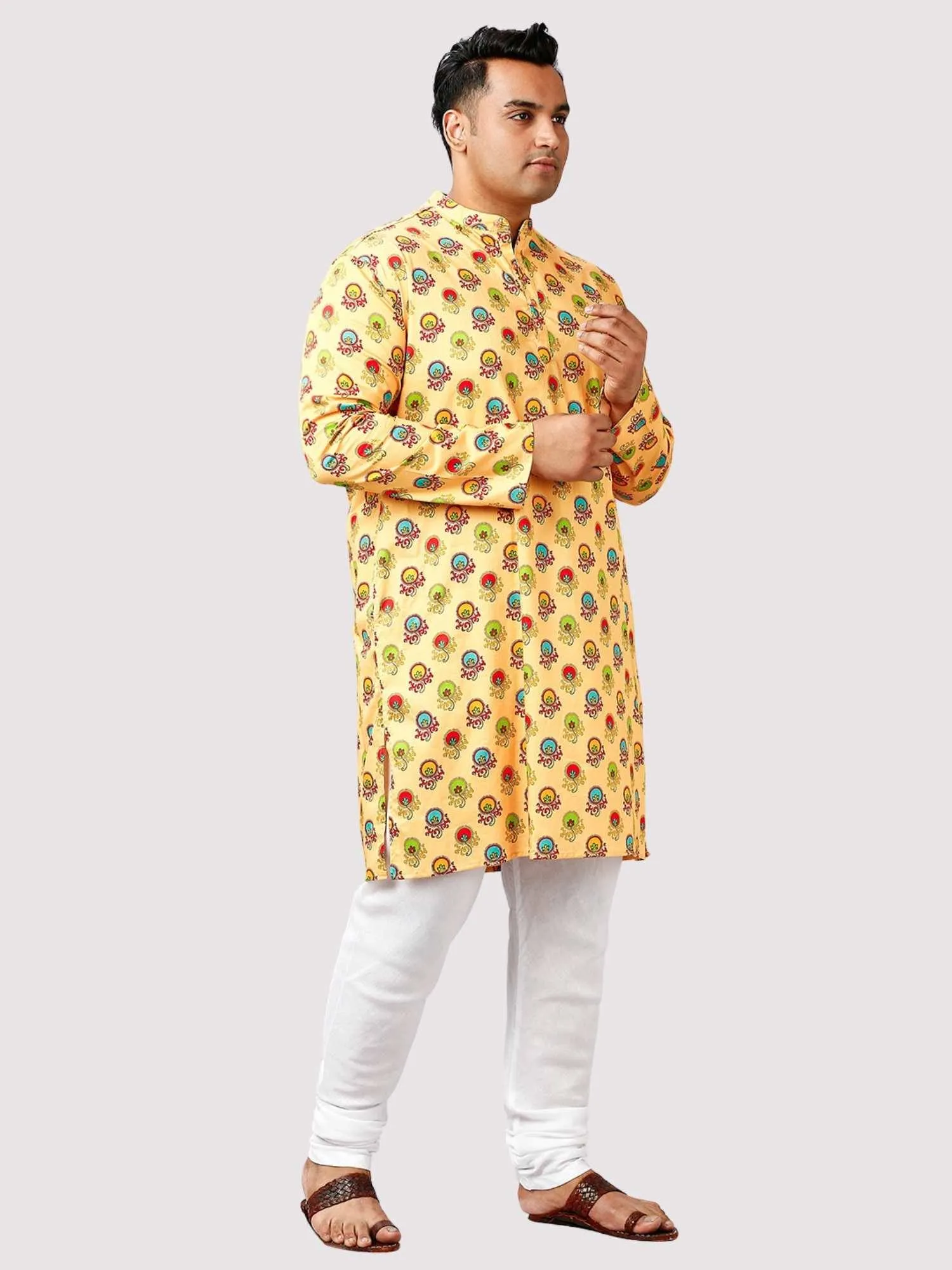 Chamak Printed Yellow White Kurta Men's Plus Size