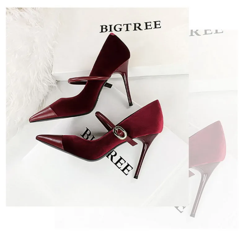 Chic Metal Buckle and Ankle Strap Suede Patchwork Pointed Toe Shoes-Heel Height 10CM