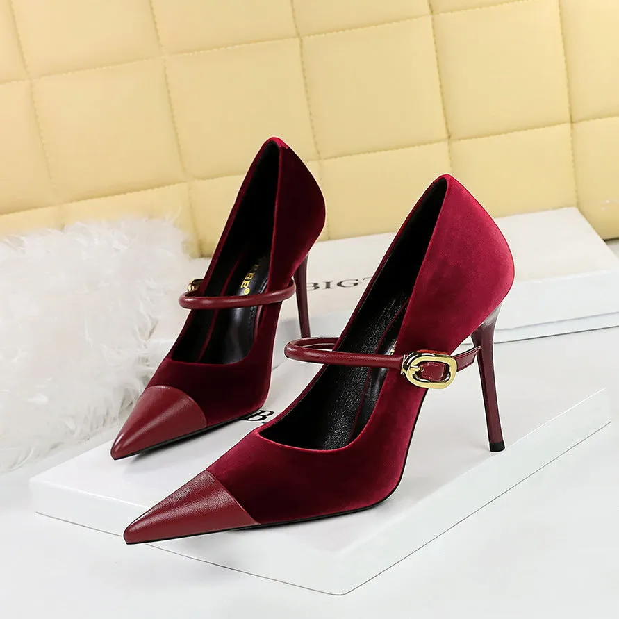 Chic Metal Buckle and Ankle Strap Suede Patchwork Pointed Toe Shoes-Heel Height 10CM