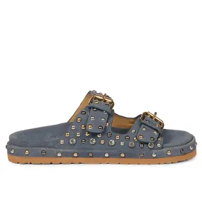 Chloe Studded Double Buckle Denim Leather Sandal