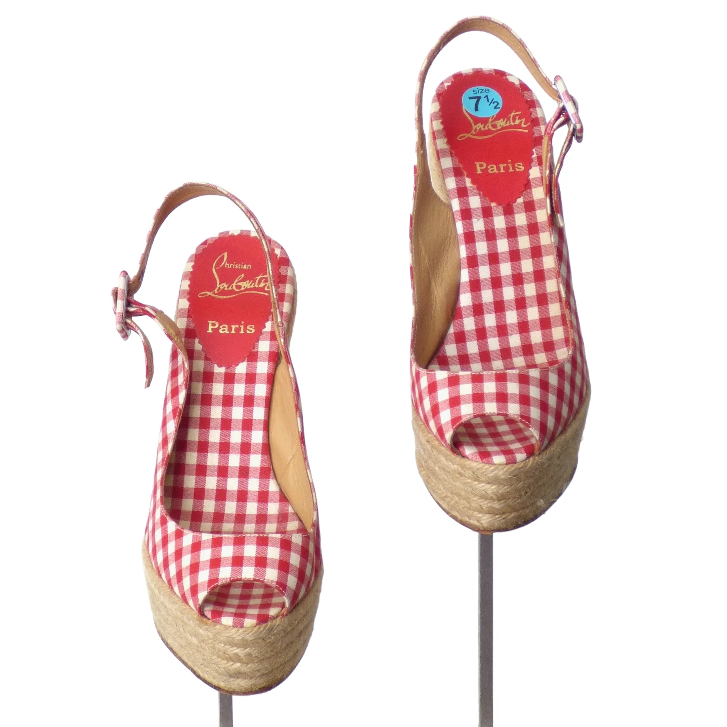 CHRISTIAN LOUBOUTIN- Gingham Platform Wedge Sandals, Size 38