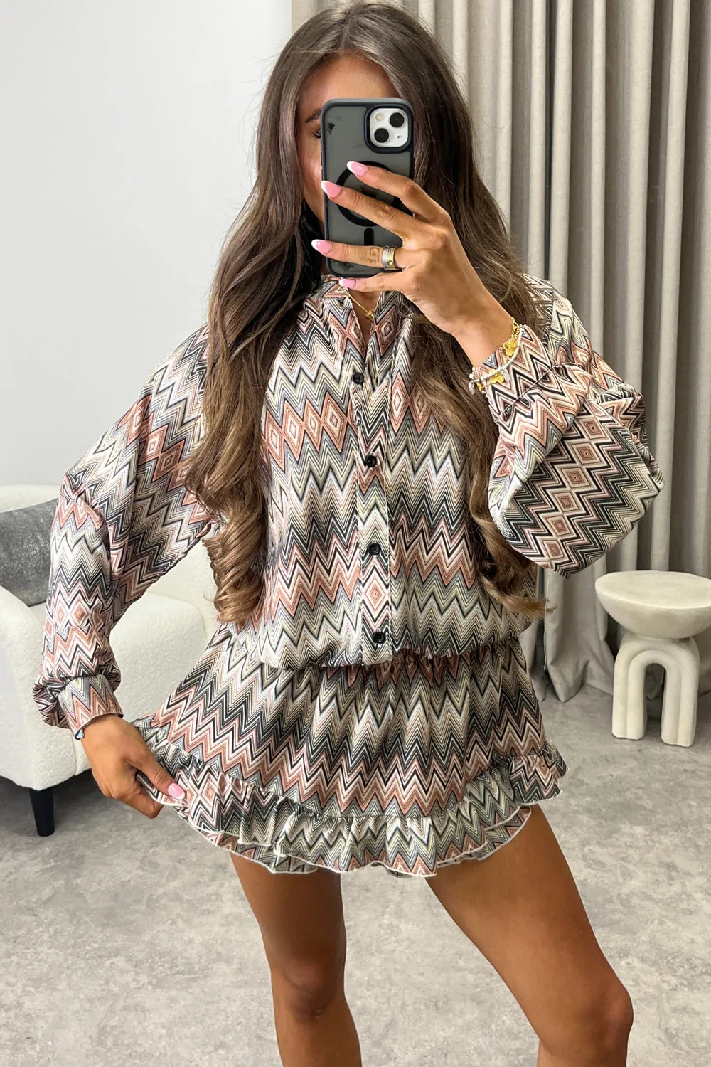 Colbie Beige Multi Zig Zag Print Shirt and Tiered Frill Skort Co-Ord Set