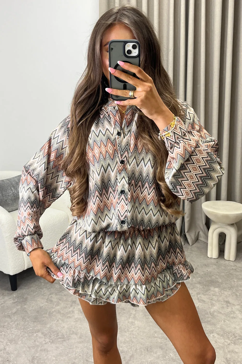 Colbie Beige Multi Zig Zag Print Shirt and Tiered Frill Skort Co-Ord Set