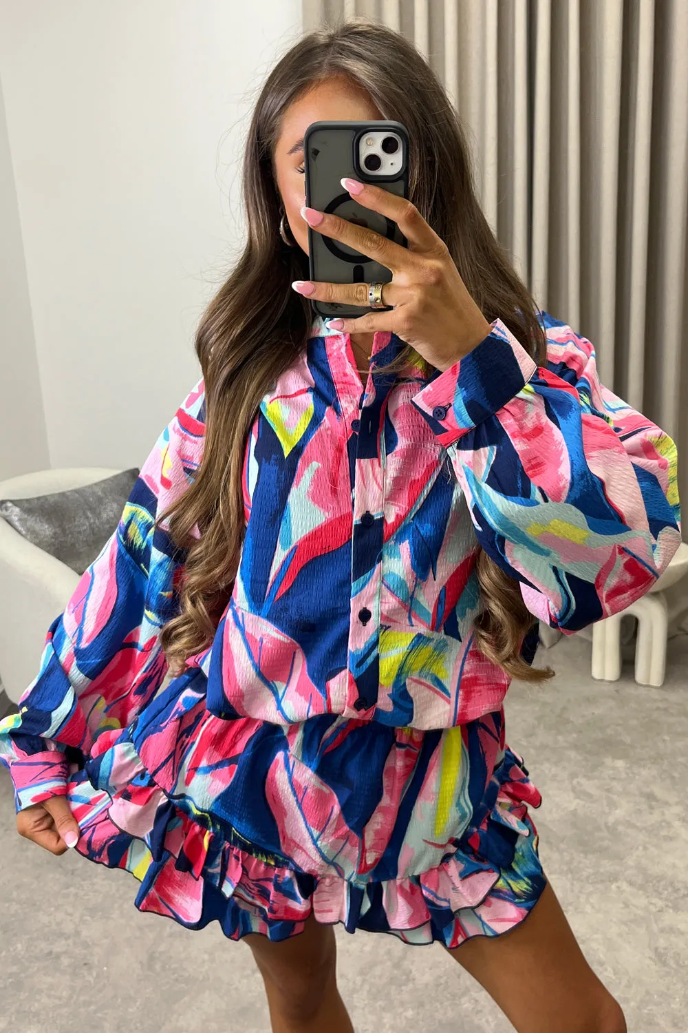 Colbie Pink and Blue Abstract Print Shirt and Tiered Frill Skort Co-Ord Set