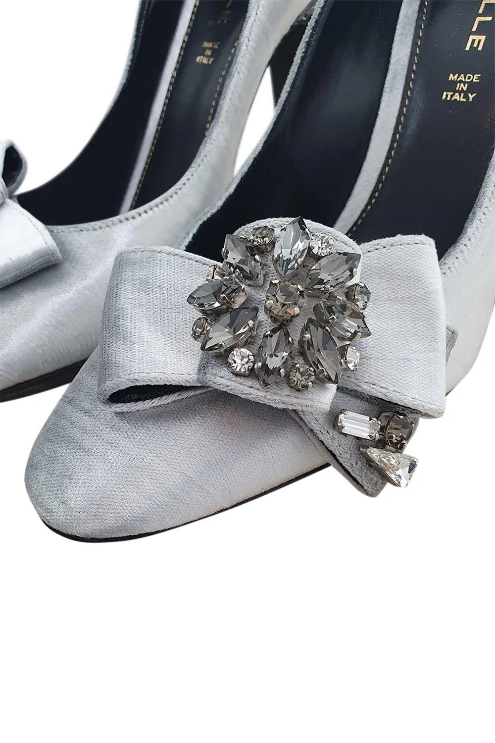 DEIMILLE Velvet Silver High Heel Crystal Embellished Pumps (40)